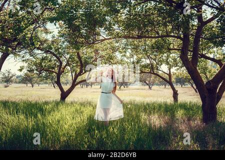 Bella fotoprofessione di matrimonio. La giovane sposa carina in un elegante abito in pizzo bianco nel mezzo degli alberi in un grande giardino verde sulla weathery sunn Foto Stock