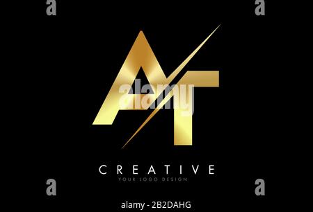 In una T Golden Letter Logo Design con un taglio creativo. Logo creativo con sfondo nero. Illustrazione Vettoriale