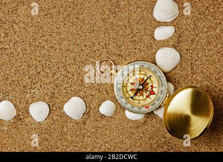 Cornice di conchiglie sulla spiaggia di sabbia Foto Stock