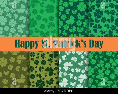 Set di foglioline di trifoglio di motivi senza giunture. San Patrizio, festa irlandese. Sfondo per biglietto di auguri, carta da imballaggio, materiale promozionale. Vettore Illustrazione Vettoriale