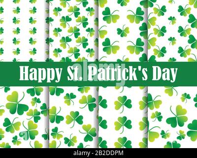 Set di foglioline di trifoglio di motivi senza giunture. San Patrizio, festa irlandese. Sfondo per biglietto di auguri, carta da imballaggio, materiale promozionale. Vettore Illustrazione Vettoriale