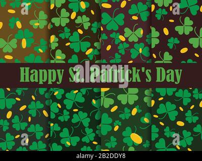 Foglie di trifoglio e monete d'oro serie di modelli senza cuciture. San Patrizio, festa irlandese. Sfondo per biglietto di auguri, carta da imballaggio, m promozionale Illustrazione Vettoriale