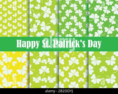 Set di foglioline di trifoglio di motivi senza giunture. San Patrizio, festa irlandese. Sfondo per biglietto di auguri, carta da imballaggio, materiale promozionale. Vettore Illustrazione Vettoriale