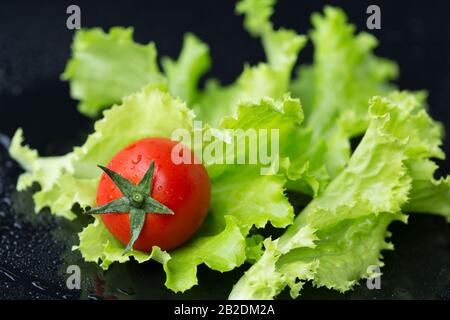 Insalata di pomodori ciliegini e foglie Foto Stock