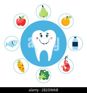Alimenti per denti sani con dente bianco Illustrazione Vettoriale
