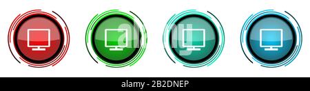 Icone vettoriali lucide rotonde per TV, set di pulsanti per applicazioni webdesign, internet e telefoni cellulari in quattro colori opzioni isolate su sfondo bianco Illustrazione Vettoriale