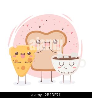 formaggio pane e cioccolato tazza prima colazione cibo kawaii cartone animato personaggio disegno vettore illustrazione Illustrazione Vettoriale