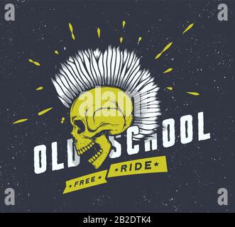 Grafica vintage moto. Maglietta biker. Emblema della motocicletta. Cranio monocromatico Illustrazione Vettoriale