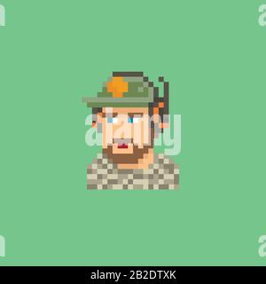 Immagine vettoriale pixel art di un giovane uomo con una barba che indossa un cappello da baseball e una cuffia nera, il gioco snellisce su sfondo verde Illustrazione Vettoriale