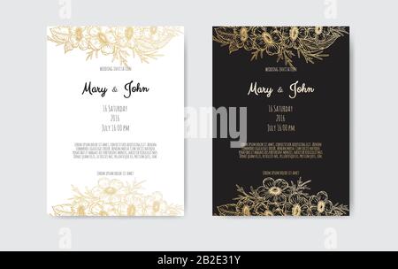 Inviti di nozze salvare il disegno della scheda di data con anemone giardino elegante. Illustrazione Vettoriale