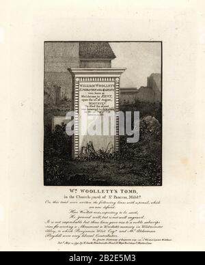 Tomba dell'incisore reale William Woollett, morto 1735, nel cortile di St. Pancras, Middlesex. Incisione su copperplate di John Thomas Smith dopo i disegni originali dei membri della Società degli Antiquari del suo J.T. Le Antichità di Smith a Londra e Dintorni, J. Sewell, R. Folder, J. Simco, Londra, 1795. Foto Stock