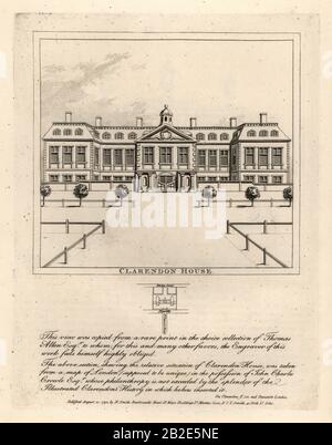 Vista della Clarendon House da St. James’ Street, da una rara stampa nella collezione di Thmoas Allen. Residenza classica costruita da Roger Platt per Edward Hyde, 1st Conte di Clarendon, nel 1664. Demolito nel 1683. Incisione su copperplate di John Thomas Smith dopo i disegni originali dei membri della Società degli Antiquari del suo J.T. Le Antichità di Smith a Londra e Dintorni, J. Sewell, R. Folder, J. Simco, Londra, 1798. Foto Stock