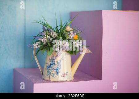 bouquet artificiale di fiori con erba verde in vaso antico a forma di annaffiatoio su fondo blu e rosa brillante Foto Stock