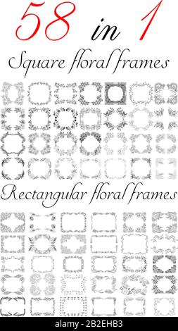Grande collezione di 58 cornici floreali disegnate a mano. Fiori botanici floreali grandi set isolato su uno sfondo bianco. Raccolta di vettori di contorno disegnati a mano. Illustrazione Vettoriale