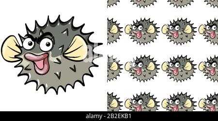 Design di sfondo senza cuciture con illustrazione dei pesci puffer Illustrazione Vettoriale