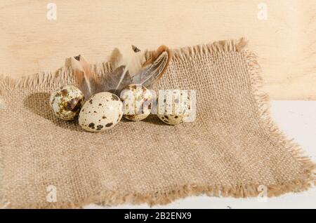 Uova di Quail su un panno ruvido burlap con belle piume su uno sfondo di superficie di legno. Foto Stock