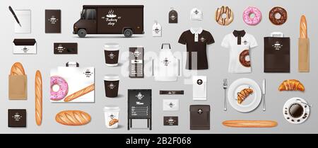 Mockup set per Bakery shop, Cafe, ristorante Brand Identity. Realistico pacchetto forno tazza mockup, confezione, uniforme, camicia, baguette, croissant, sacchetto di carta Illustrazione Vettoriale