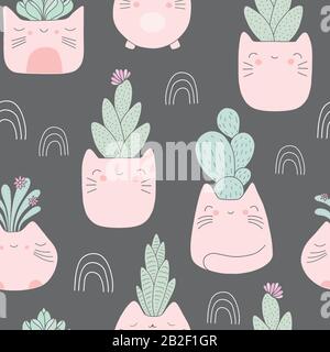 Kawaii gatto piante pentole con succulente modello di fondo. Design accattivante vettoriale senza cuciture. Illustrazione Vettoriale