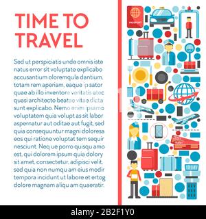 Tempo di viaggio banner con icone a tema aeroporto e volo Illustrazione Vettoriale