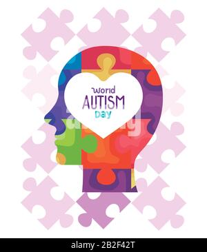 giornata mondiale dell'autismo con la silhouette della testa e pezzi di puzzle Illustrazione Vettoriale