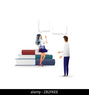 Illustrazione di stile piatto, uomo d'affari e donna che chiacchierano. Discuti la chat, le bolle di dialogo del discorso e il posto per il testo. Illustrazione del vettore. Illustrazione Vettoriale