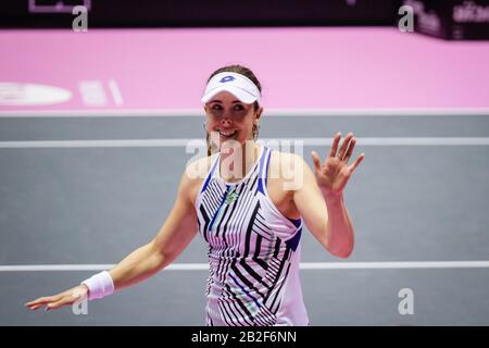 Il 02/03/2020, Gerland, Lyon, Auvergne-Rhône-Alpes, Francia. Prima edizione del torneo femminile di tennis "l'Open 6ème Sens" al Palais des Sports Foto Stock