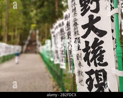 Maggio 2019 - WAKAYAMA, GIAPPONE: Bandiere dedicate lungo la scala in pietra che conduce al Taisha di Kumano Hongu al sentiero di pellegrinaggio Kodo Kumano Foto Stock