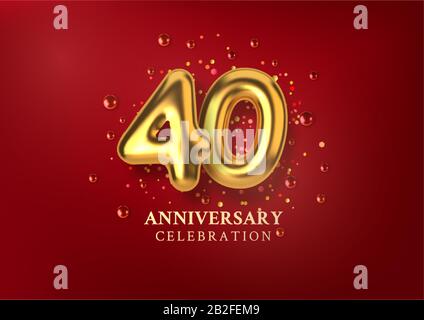 40th anniversario celebrazione. Numero sotto forma di palloncini d'oro. Numeri d'oro 3d realistici e confetti scintillanti, luccicanti. Modello orizzontale Illustrazione Vettoriale