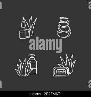 Icone bianche aloe vera sullo sfondo nero. Prodotti da bagno con ingredienti biologici. Balsamo a labbro naturale. Fette di cactus. Cosmetica Illustrazione Vettoriale
