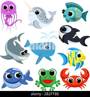 Immagine vettoriale cute del set di animali oceanici. Personaggi dei cartoni animati. Immagine di scorta vettoriale piatta su sfondo bianco Illustrazione Vettoriale