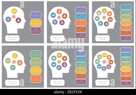 Imposta infografica, testa dell'uomo, concetto di pensiero umano, concetto di business di avvio, modello per 3, 4, 5, 6, 7, 8 posizioni, passi, opzioni o parti Illustrazione Vettoriale