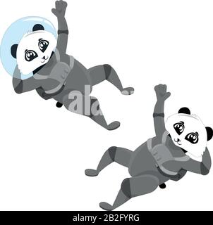 Astronauti Panda. Design per una vacanza, cartoline, abbigliamento, cancelleria. Illustrazioni per bambini. Illustrazione Vettoriale