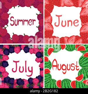 Calendario estivo. Giugno, luglio, agosto in cornici di bacche individuali. Progettazione di un calendario, cartolina, flyer. Illustrazione Vettoriale