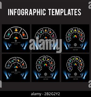 Migliori modelli di grafico 3, 4, 5, 6, 7, 8 posizioni per informazioni su sfondo nero. Illustrazione Vettoriale