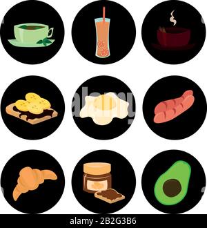 Set di ingredienti vettoriali per colazione. Uova fritte, salsicce, tè. Design per il logo del menu, caffè, ristorante. Illustrazione Vettoriale