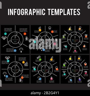 Migliore infografica. Modelli 3, 4, 5, 6, 7, 8 posizioni per informazioni su sfondo nero. Illustrazione Vettoriale