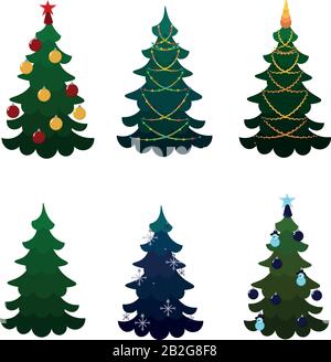 Set di alberi di Natale. Perle e ghirlande, giocattoli e stelle. Palline e personaggi multicolore. Decorazioni per il party. Progettazione di poster, banner, volantini. Illustrazione Vettoriale