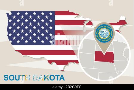 USA mappa con ingrandimento South Dakota Stato. Bandiera e mappa del South Dakota. Illustrazione Vettoriale