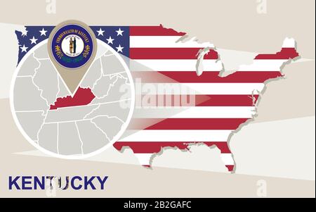 Mappa USA con lo stato del Kentucky ingrandito. Bandiera e mappa del Kentucky. Illustrazione Vettoriale