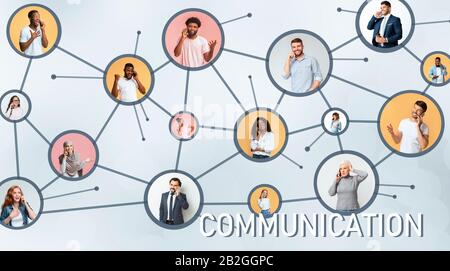 Connessione globale. Persone diverse che utilizzano i telefoni cellulari per le comunicazioni, collage con le icone virtuali della rete digitale Foto Stock