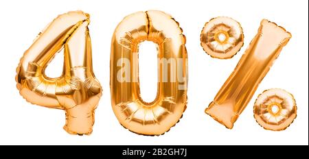 Golden Fourty segno di percento fatto di palloncini gonfiabili isolati su bianco. Palloncini di elio, numeri di foglio d'oro. Vendita decorazione, nero venerdì, sconto Foto Stock