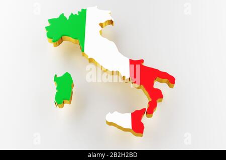 Mappa 3D dell'Italia. Mappa d'Italia frontiera terrestre con bandiera. Mappa Italia su sfondo bianco. rendering 3d Foto Stock