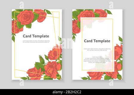 Cornice rettangolare in linea dorata con bouquet di fiori rosa disegnati a mano. Modello di biglietto d'auguri. Illustrazione del vettore Illustrazione Vettoriale