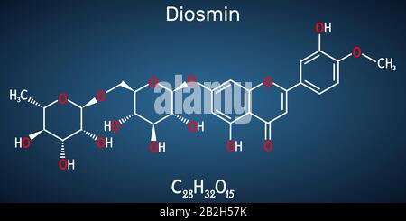 Diosmina, C28H32O15, molecola flavonoide. È flavone glicoside della diosmetina, farmaco semisintetico per il trattamento della malattia venosa. Chimica strutturale Illustrazione Vettoriale