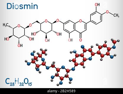 Diosmina, C28H32O15, molecola flavonoide. È flavone glicoside della diosmetina, farmaco semisintetico per il trattamento della malattia venosa. Chimica strutturale Illustrazione Vettoriale