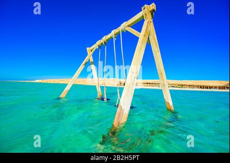 Swing in acque cristalline azzurro - Orange Bay Beach con spiaggia bianca - paradiso costa di Giftun isola, Mahmya, Hurghada, Mar Rosso, Egitto Foto Stock