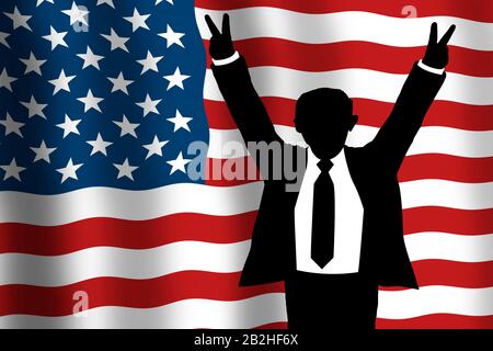 Uomo che alza le braccia in vittoria di fronte alla grande sventolata bandiera americana. Il concetto di elezione presidenziale che mostra il vincitore in silhouette. Foto Stock