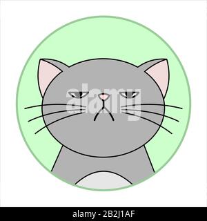 Cute Naughty, Gatto Grumpy, Icona Rotonda, Emoji. Il Gatto Grigio Con Un Whiskers È Infelice, Immagine Vettoriale Isolata Su Sfondo Bianco. Illustrazione Vettoriale