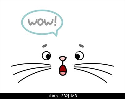 Cute, Sorpresa Viso Animale. Il Volto Del Gatto Con Moustache È Sorpreso Di Aprire La Bocca, Dice Wow. Immagine Per Abbigliamento per bambini, T-shirt, Tessuti Illustrazione Vettoriale