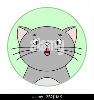 Gatto Sorpreso Carino, Icona Rotonda, Emoji. Gatto Grigio Con Whiskers, Bocca Aperta Con Sorpresa, Grandi Occhi Rotondi. Immagine Vettoriale Isolata Su Sfondo Bianco Illustrazione Vettoriale